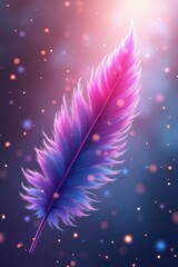 A vibrant, fluffy feather in shades of pink and blue, bathed in soft, glowing light, floats amidst a backdrop of sparkling, out-of-focus particles.