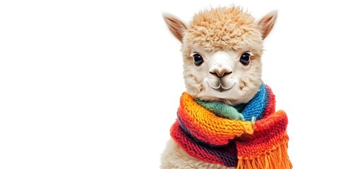 Cute Alpaca Wearing Colorful Scarf on White Background