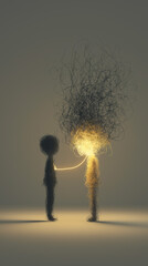 Abstract figures illustrating empathy and support for mental health. A glowing connection helps untangle the chaos of stress and burnout. Conceptual art about hope and healing