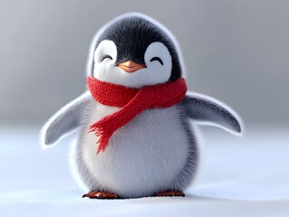 Adorable Baby Penguin with Red Scarf on a Snowy Background