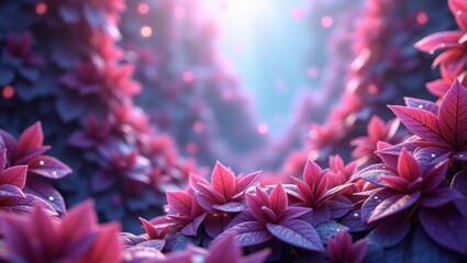 A vibrant display of deep pink and purple foliage, densely clustered in a mystical, glowing environment.