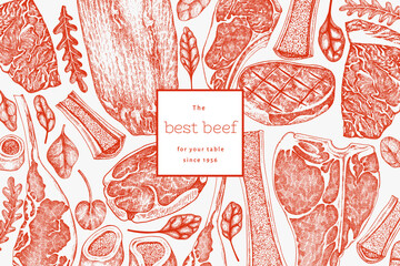 Butchery Shop Design Template. Vector Hand Drawn Meat Banner. Vintage Style Bar B Q Menu Illustration.