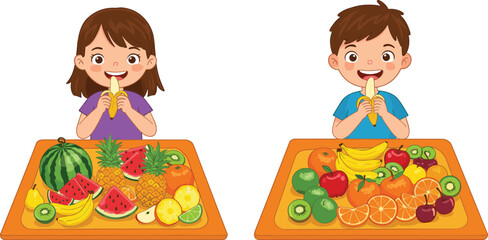Happy children eating banana and fruits, kids with watermelon, pineapple, orange, kiwi, apple, cherries, healthy food, nutrition, illustration concept