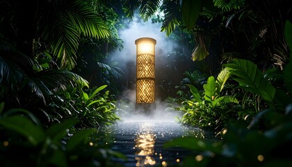 Fototapeta premium Illuminated Path Through Tropical Rainforest with Exotic Greenery