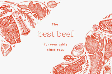 Butchery Shop Design Template. Vector Hand Drawn Meat Banner. Vintage Style Bar B Q Menu Illustration.