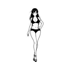 Black and white hot anime character line art illustration, stylish minimal outline drawing in clean style