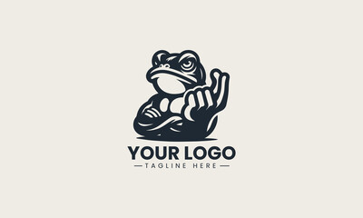 Grumpy frog character showing a middle finger in a bold black silhouette vector logo design on a clean white background, for humorous and edgy themes