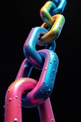 A detailed close-up view of a vibrant, multicolored chain, featuring a spectrum of iridescent hues and textured water droplets, against a stark black backdrop.