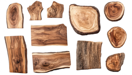 A collection of various wooden slices unique grain patterns and textures. arranged artistically on a white background. ideal for design and crafting projects