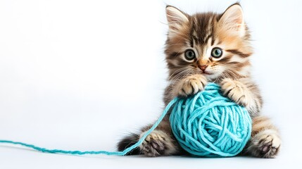 Cute fluffy kitten playing with a ball of blue yarn on white background