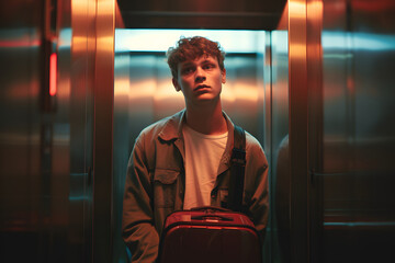 Elevator introspection: A contemplative figure, illuminated by the ambient light of an elevator, holds a suitcase. The scene hints at anticipation and a journey. 