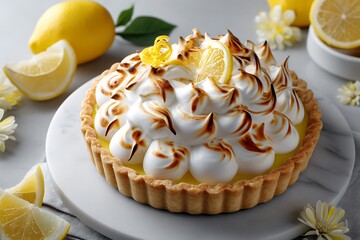 Lemon meringue pie recipe captured from a top view in a bright kitchen setting, showcasing culinary delight for all occasions.