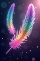 Two vibrant rainbow feathers float against a dark background, illuminated by soft, glowing light effects.