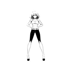 Black and white hot anime character line art illustration, stylish minimal outline drawing in clean style