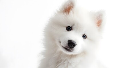 Adorable White Samoyed Puppy with Playful Expression in Studio