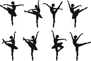Ballet silhouette, ballerina pose, dance movement, graceful posture, tutu dress, black and white, artistic elegance, performance