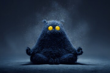 Fuzzy Blue Creature Meditating in Dark Setting with Magical Energy