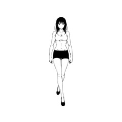 Black and white hot anime character line art illustration, stylish minimal outline drawing in clean style