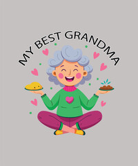 Sweet, illustrated design of a happy grandma holding food, surrounded by hearts.