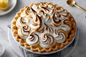 Lemon meringue pie recipe captured from a top view in a bright kitchen setting, showcasing culinary delight for all occasions.
