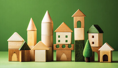 Wooden Building Blocks Shaped as Houses and Towers on Green Background – Educational Toy Concept.
