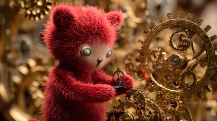 Adorable Red Creature with Gears and Cogs in a Steampunk Setting