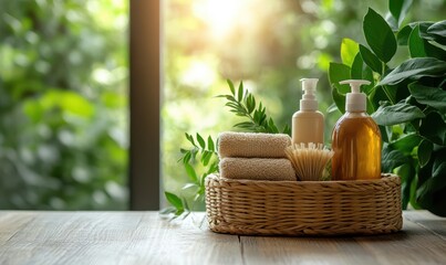 Set of natural products cleaning and washing products in wood basket on table