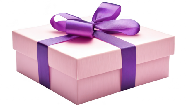 A beautifully wrapped pink gift box adorned with a purple ribbon. placed on a clean white surface. symbolizing celebration and joy. perfect for various occasions