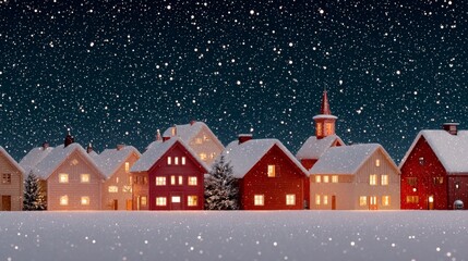 Naklejka premium Nighttime snowy scene of Scandinavian village with traditional handcrafted wooden houses glowing with warm light under falling snow