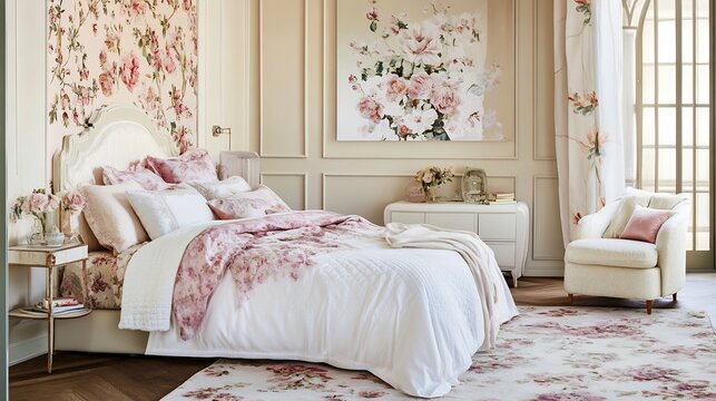 Mothers Day themed bedroom interior with pastel colors floral patterns and cozy luxurious furnishings creating a warm and peaceful space perfect for pampering and relaxation
