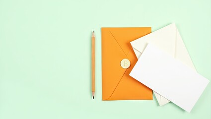 An orange envelope, white cards, and a pencil rest on a pale mint background.