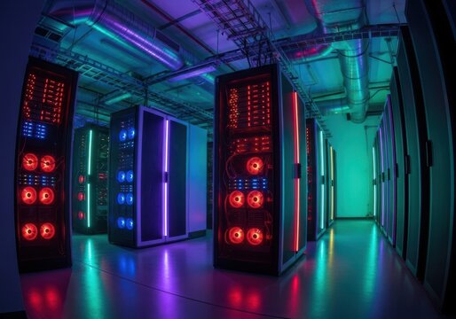 A row of server racks with colorful led lights in a data center