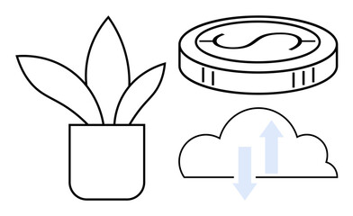 Potted plant symbolizes growth, coin represents wealth, upward and downward cloud arrows indicate data exchange. Ideal for sustainability, finance, technology, innovation, economy, cloud computing