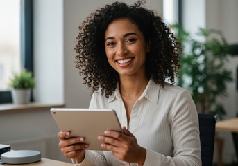Smiling professional woman with curly hair holding a tablet computer in a modern office setting
