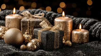 Elegant Christmas Decoration with Golden Gifts and Beautiful Candles