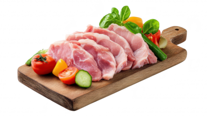 Freshly sliced pork meat arranged on a wooden cutting board. accompanied by vegetables like tomatoes. cucumbers. and bell peppers. set against a clean white background. ideal for culinary presentation