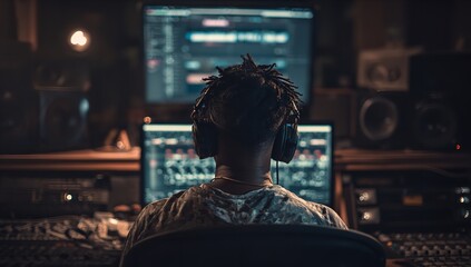 Producer meticulously mixing audio tracks with headphones on in a dimly lit professional recording studio, mastering sound for creative projects