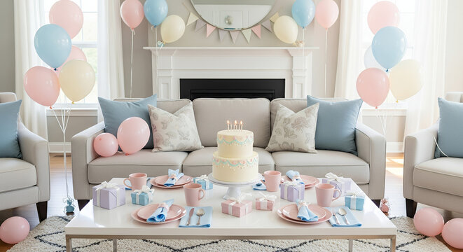 Festive living room decorated for a birthday party with cake and balloons