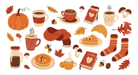 Cozy autumn vibes with warm drinks, pies, pumpkins, scarfs, and cozy socks perfect for fall.