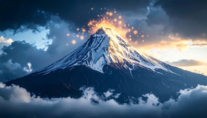 Fototapeta premium Majestic Snow Mountain Peak with Dramatic Clouds and Glowing Light