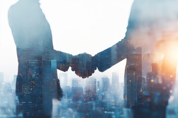 Business people handshake on city office building background in double exposure image showing success of partnership business deal. Concept of work agreement, trust partner, and corporate teamwork.