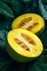 Yellow Watermelon Sliced in Half – Fresh and Clear Food Photography.