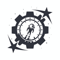 Monochrome drawing of an astronaut floating inside cogwheel amid stars and comets in vector