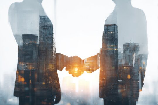 Business people handshake on city office building background in double exposure image showing success of partnership business deal. Concept of work agreement, trust partner, and corporate teamwork.