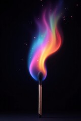A vibrant match ablaze with a spectrum of colorful flames against a dark backdrop.