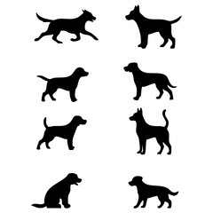Set of black dog silhouettes featuring various canine poses, ideal for pet-themed graphic design, icons, and animal-related projects, offering a versatile collection for creative compositions