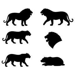 Set of black wild animal silhouettes featuring powerful lions, agile tigers, sleek panthers, and a robust bear, perfect for various graphic design and educational applications