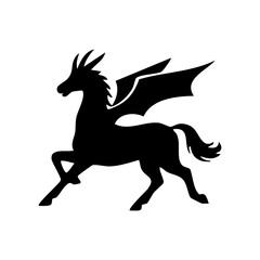 Elegant black silhouette of a mythological beast, a flying horned horse with demonic wings, isolated vector icon