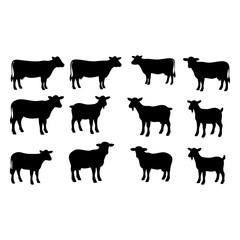 Collection of Silhouetted Farm Animals Cows, Goats, and Sheep in Black and White