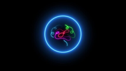 Abstract circuit brain animation. Glowing Complicated Brain. animation on a black background .Animation of social media icons over spinning human brain icon . - Powered by Adobe